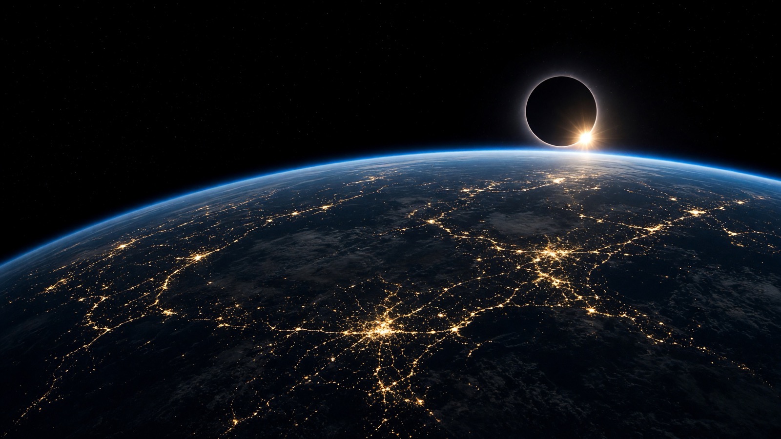 Nightside Earth from low orbit: gold city-light networks, thin blue atmosphere, diamond-ring solar eclipse on the limb.