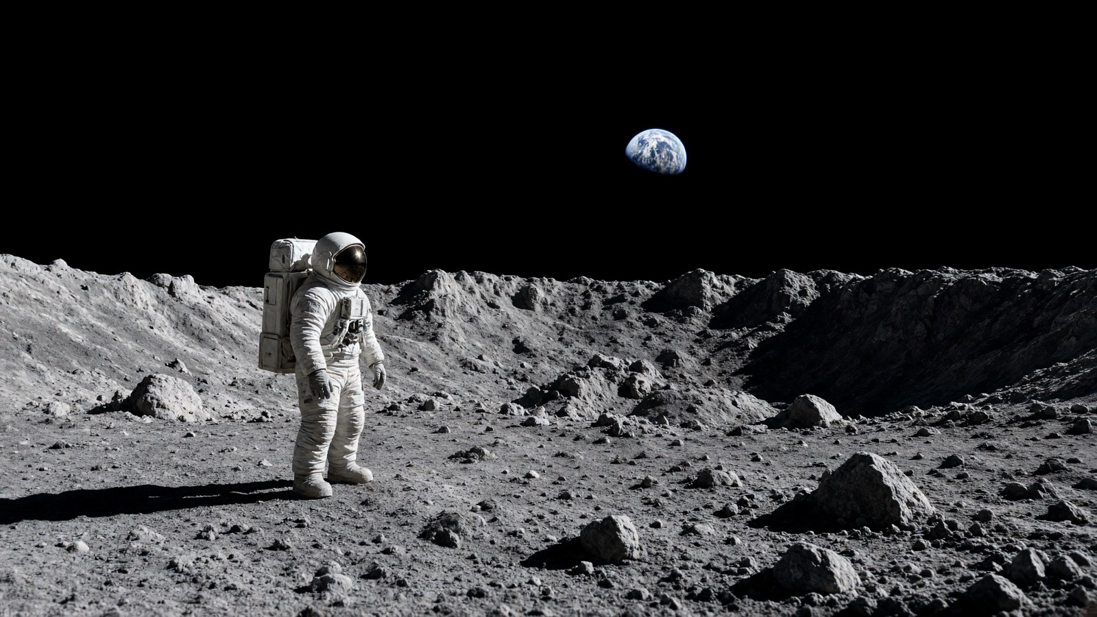 Lone astronaut on grey lunar regolith, long black shadow, Earth a blue marble above a crater rim.